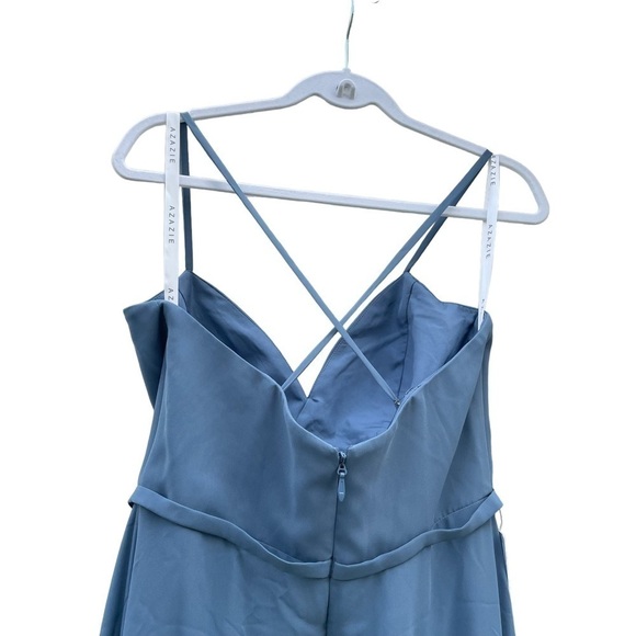 🥒 Azazie NWT Naeem A-Line Maxi Chiffon Bridesmaids Dress Slate Blue Ruffle 10 - Picture 5 of 13